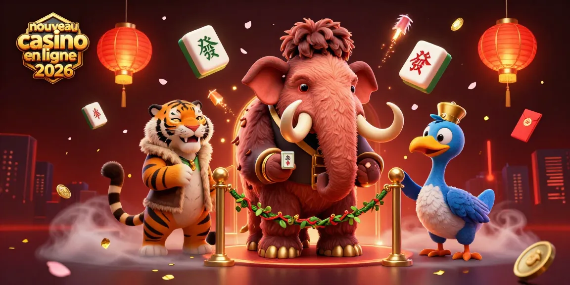 Nouveau casino en ligne 2026 : mammouth et tigre VIP à l'entrée, ambiance festive.
