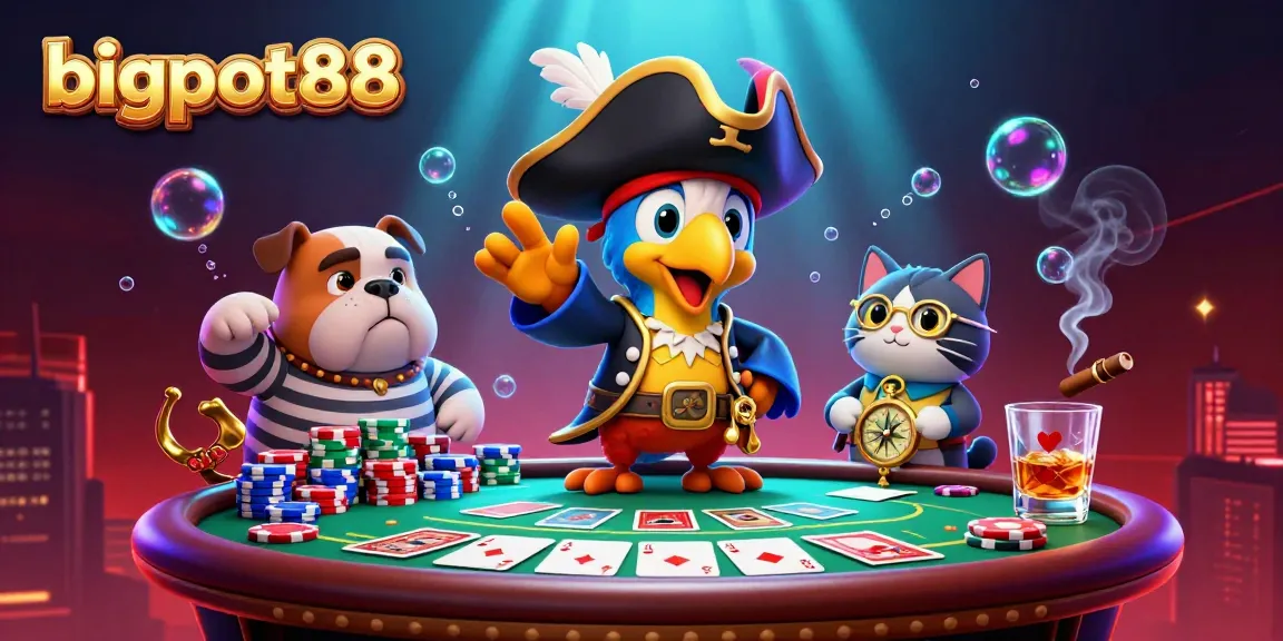 Experience excitement with bigpot88's vibrant poker scene featuring a pirate captain and his crew.