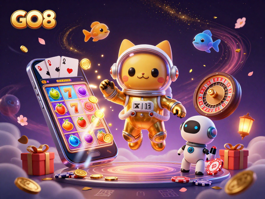 Spin and win at GO8 with a golden space cat and its rocket dog, surrounded by vibrant casino elements.