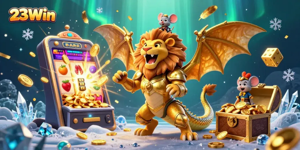 Spin the 23Win slot for a chance to win with dynamic 3D casino elements surrounding a chimera creature.