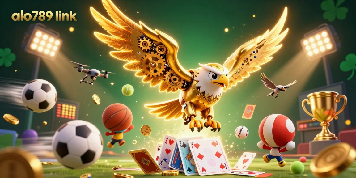 Experience the thrill of betting with alo789 link, showcasing a cybernetic eagle amidst dynamic sports elements.