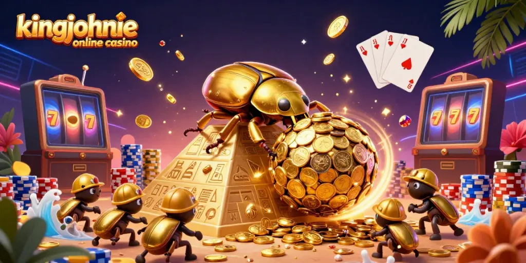 Experience the excitement at kingjohnnie online casino with a vibrant scene of animated beetles and casino symbols.