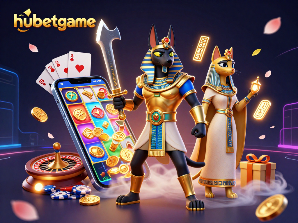 Experience hubetgame with engaging slot games and vibrant reels amidst an Egyptian-themed illustration.
