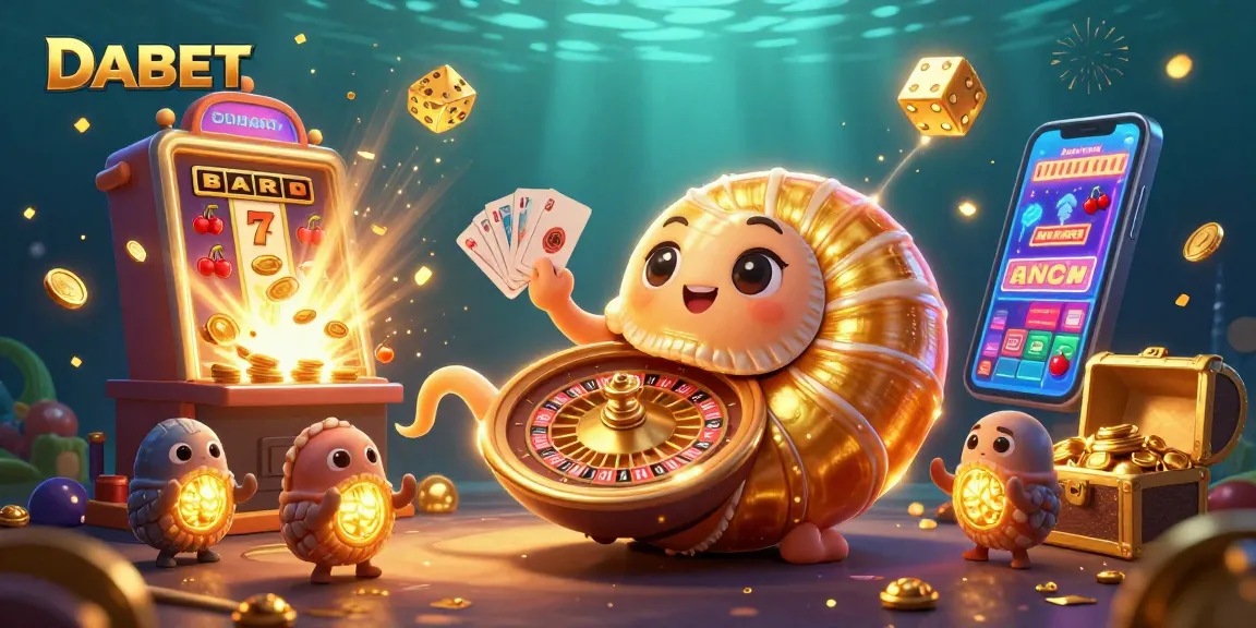 DABET offers a captivating casino experience with a vibrant illustration showcasing a nautilus roulette wheel and dynamic slot machine.