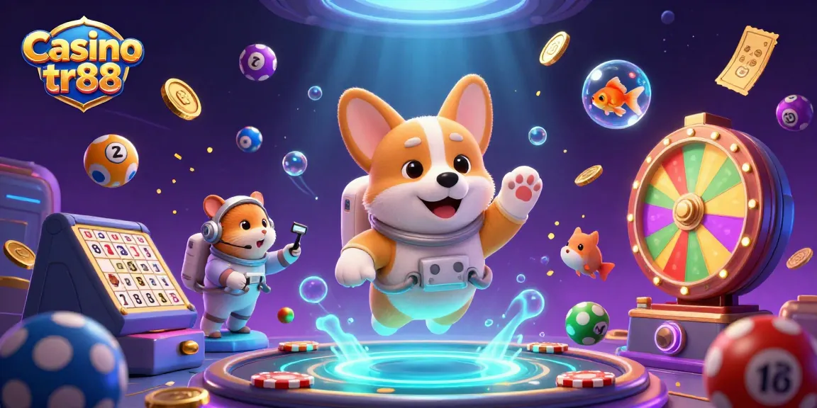 Casino tr88 offers thrilling experiences with a vibrant floating casino scene featuring playful characters.