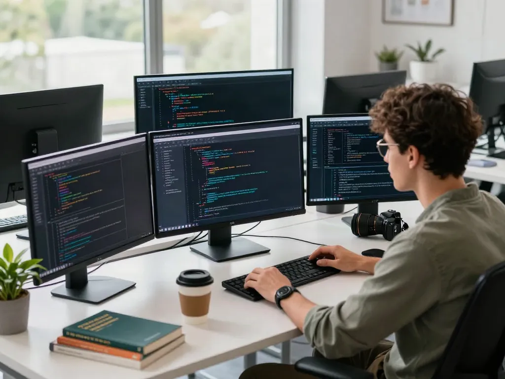 Brave developer coding in a modern tech workspace with multiple screens.