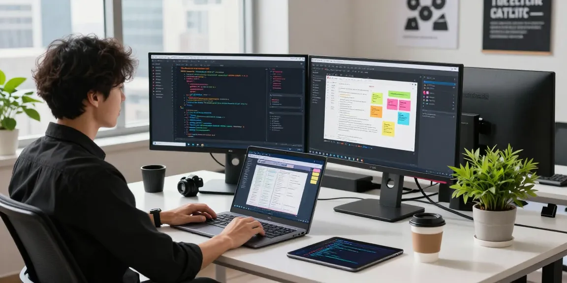 Dynamic software development workspace with coding and design elements showcased at https://www.bdtjl.app/.