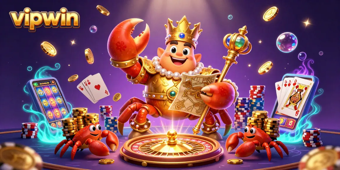 Experience thrilling winnings at vipwin with a majestic crab emperor amidst cascading treasures and gaming excitement.