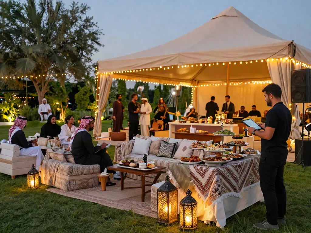 Event rental ksa outdoor setup with elegant tent and gourmet catering