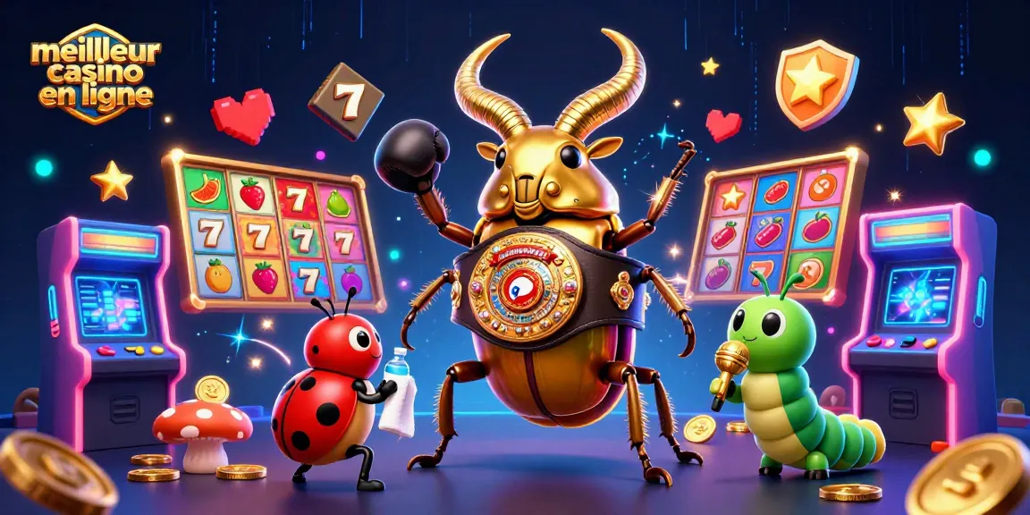 Le meilleur casino en ligne: un combat vibrant entre un scarabée doré champion et un petit insecte, entouré de machines à sous.