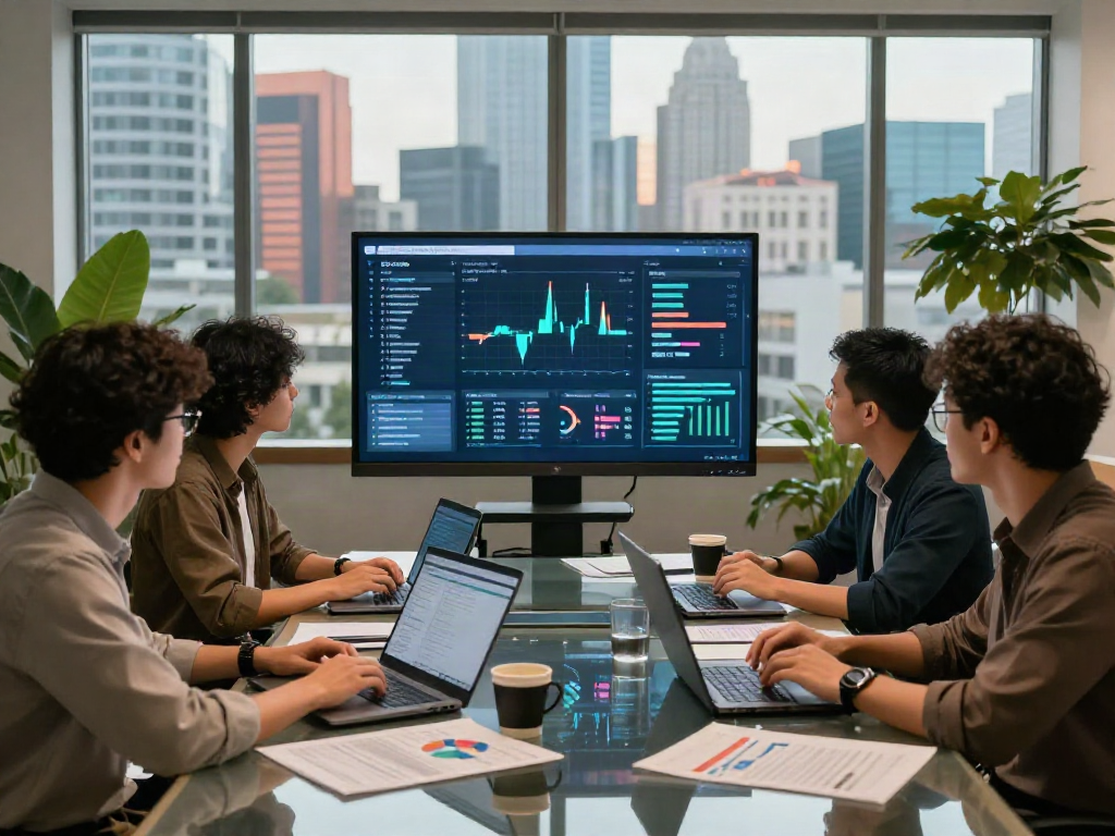 Collaborative team analyzing slot qris payment metrics in a modern financial workspace