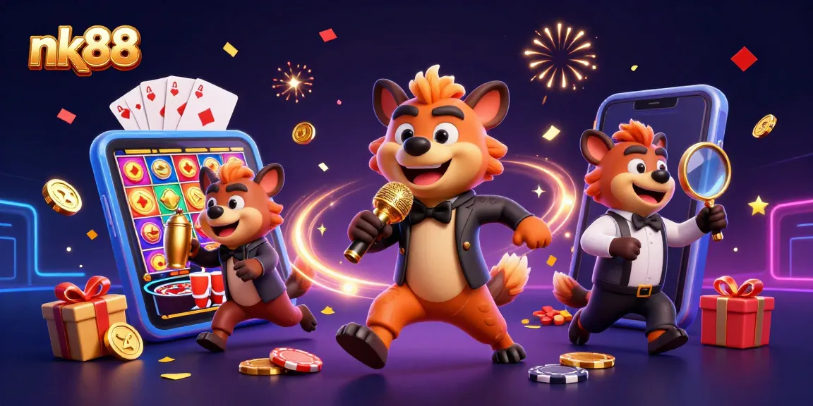 Hyenas entertain in a vibrant nk88 casino scene, featuring immersive gaming excitement.