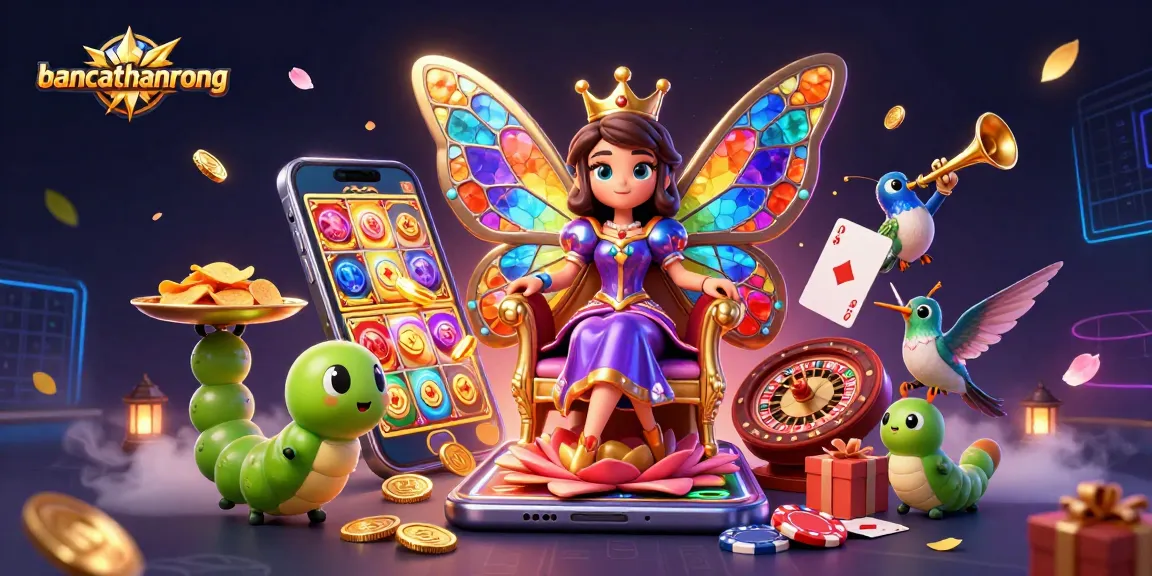 Bancathanrong showcases winning vibes with a vibrant 3D casino scene featuring a butterfly queen amidst slot games and golden coins.