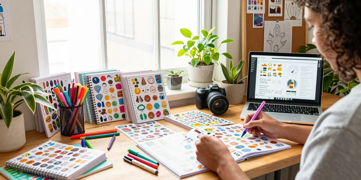 Person organising a reusable sticker book at a bright home office desk with art supplies.