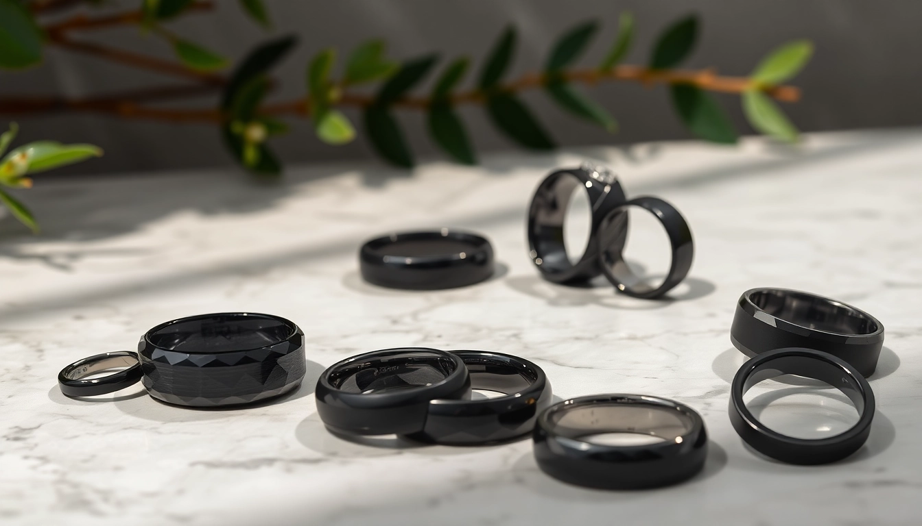 Showcase of striking Black Wedding Rings for Men featuring diverse designs and finishes.