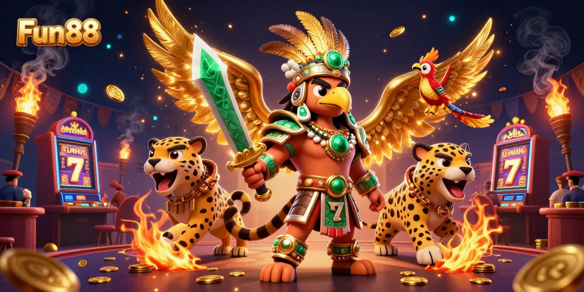Engage in thrilling gameplay with Fun 88's vibrant casino scene featuring thrilling slot machines and festive atmosphere.