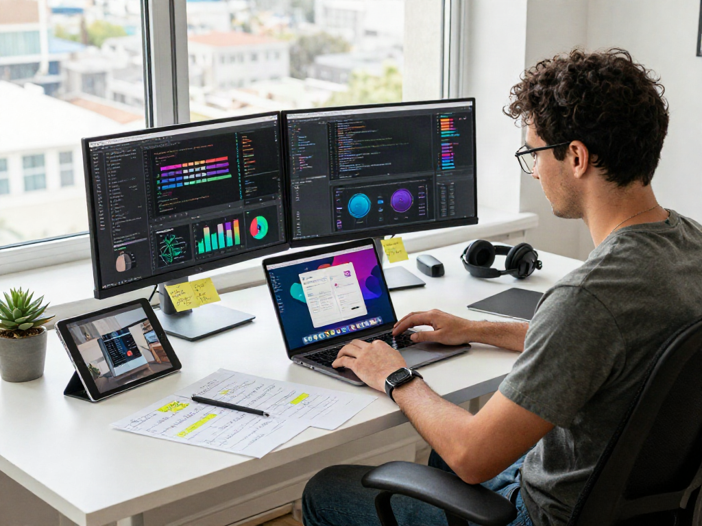 Engaging digital workspace showcasing pikashow apk download on laptop, tech-savvy user at work.
