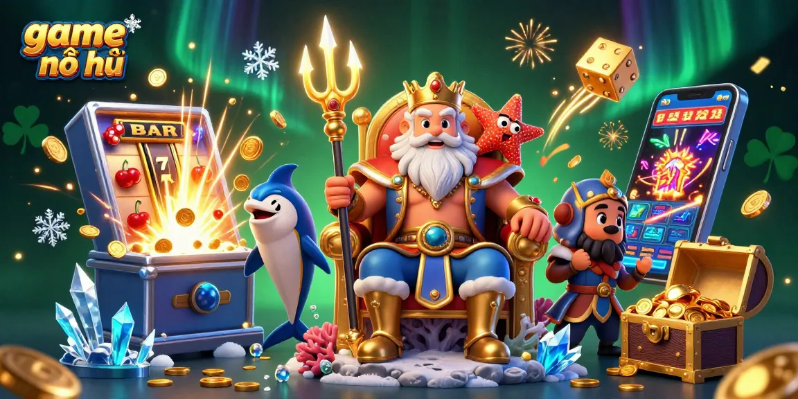 Experience game nổ hũ with Neptune and vibrant slot machine in a dazzling casino scene.