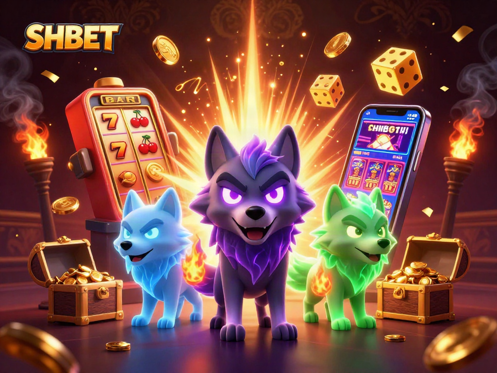 SHBET explores a thrilling 3D casino scene with shadow wolves and dynamic slot elements.