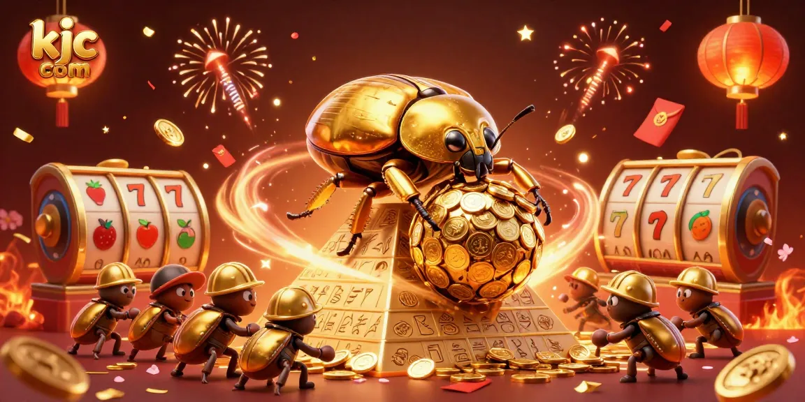 Experience thrilling gameplay at kjc com with 3D casino elements featuring golden beetles and vibrant symbols.