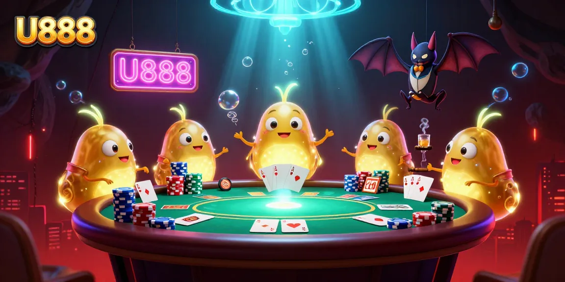 Experience the excitement of U888 with a vibrant casino scene featuring glowing glowworms and a bat dealer.