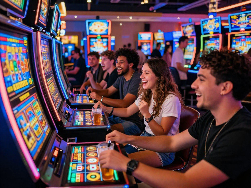 Suasana kasino yang ramai dengan pemain bahagia memainkan slot gacor dan menikmati minuman.