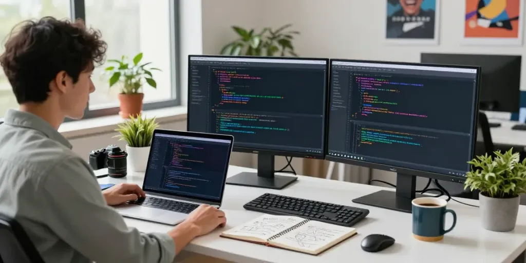 Developer coding with Notepad++ at a bright modern workspace, showcasing colorful syntax highlighting and sleek office setup.