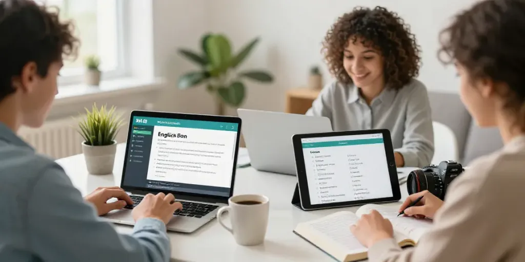 Toto togel online education scene showing diverse learners engaging with digital language learning.