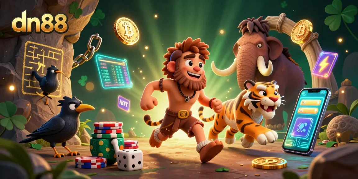 Engage in exciting gaming at dn88 with this vibrant caveman and saber-tooth duo running a prehistoric casino.