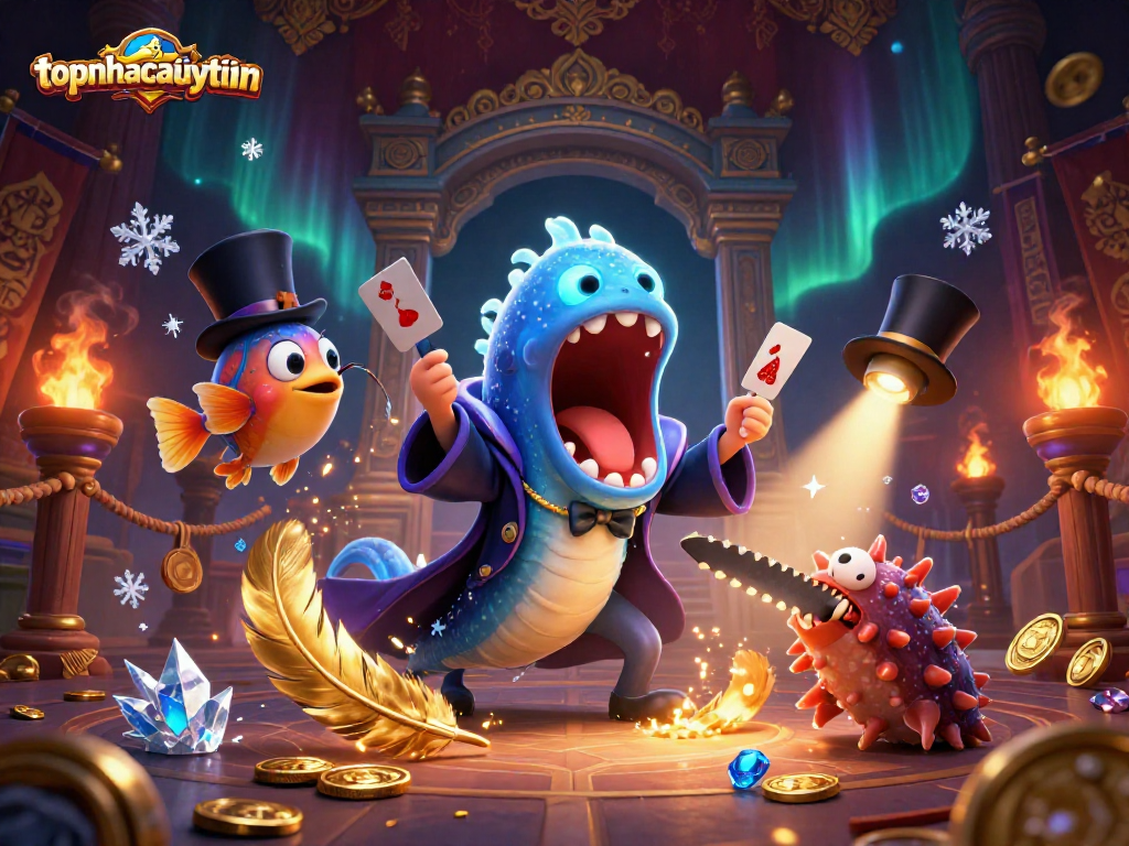 topnhacaiuytinn captivating 3D illustration of a deep-sea eel magician performing card tricks in a vibrant casino