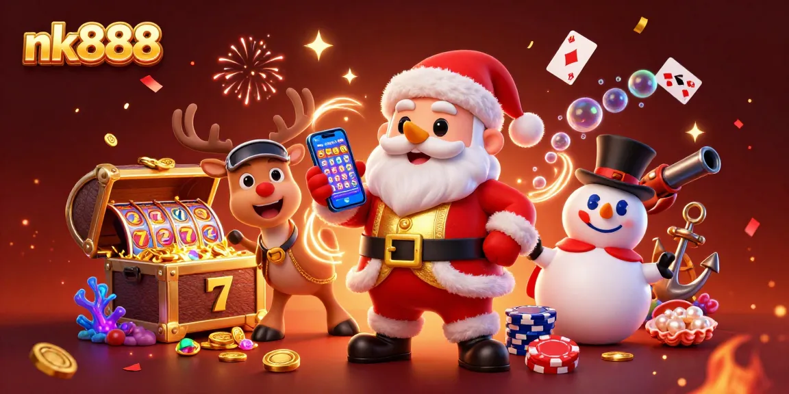 Experience thrilling jackpot slots with nk888 in a festive 3D casino scene.