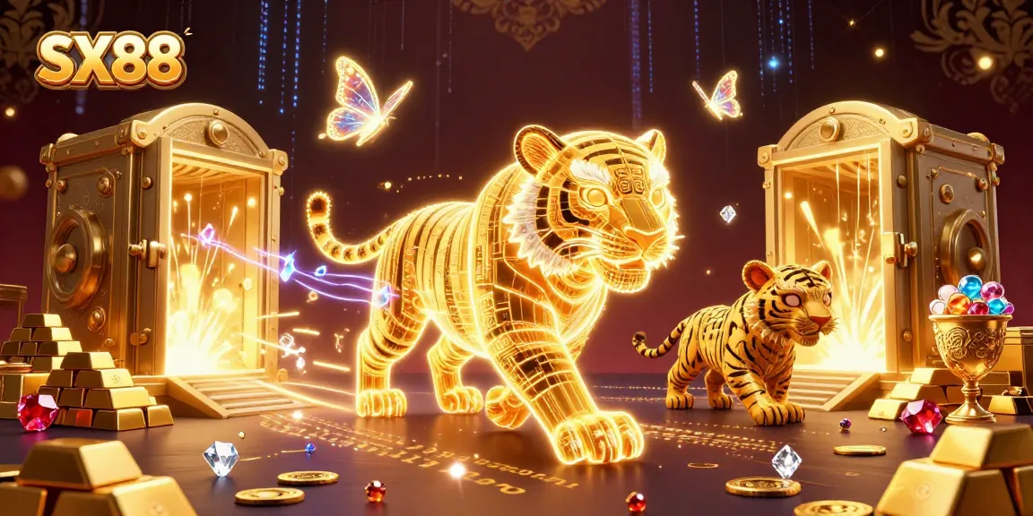 SX88 thrills players in a vibrant casino landscape, surrounded by treasures and light effects.