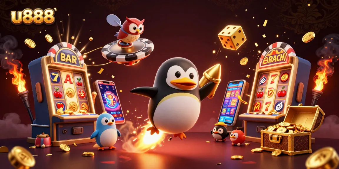 Experience thrilling gameplay with u888 as a golden penguin flies past a jackpot explosion and casino space station.