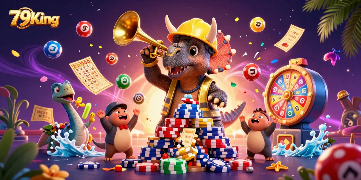 79King offers thrilling casino fun with vibrant characters building poker chip pyramids in a dynamic gambling scene.