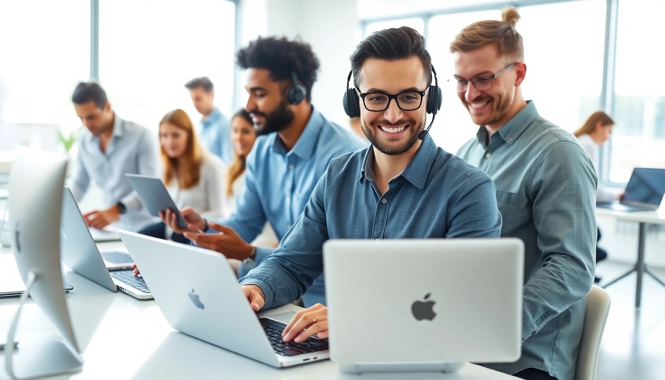 Small business IT support team collaborating effectively in a modern office environment.