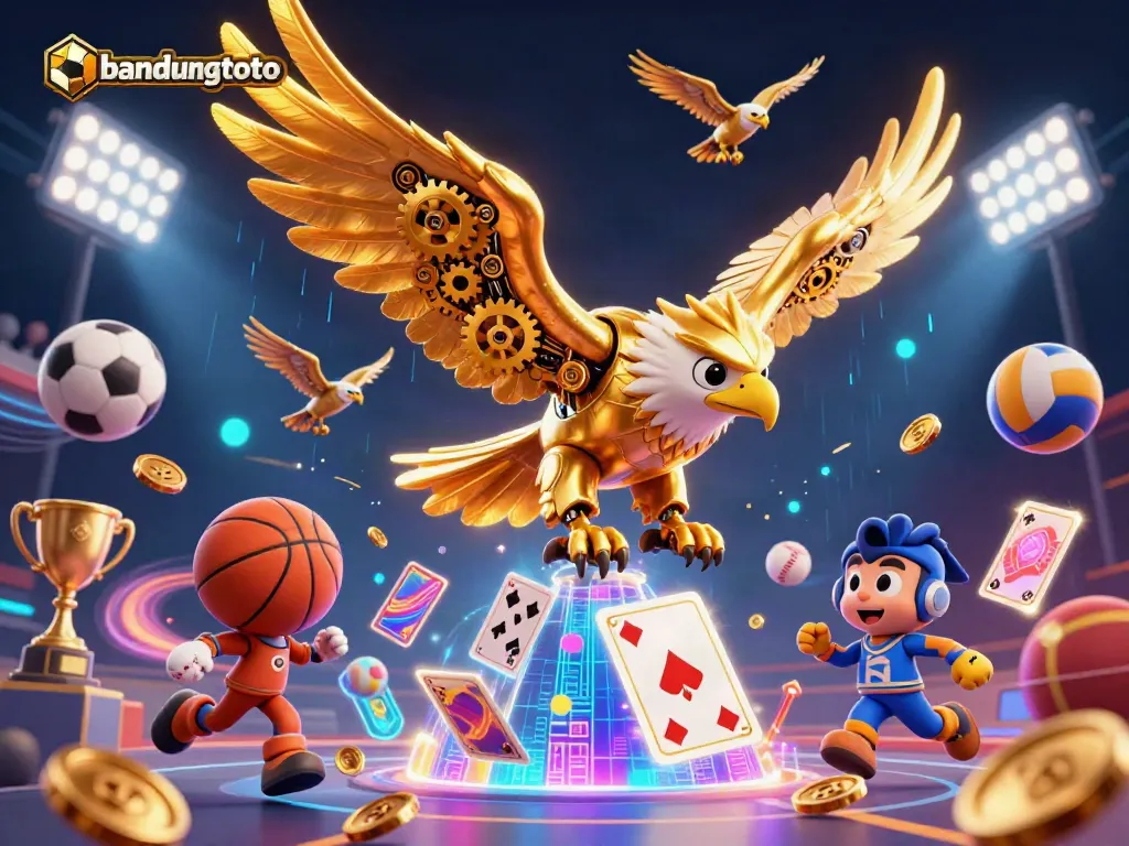 Engage with the thrilling world of bandungtoto, featuring a cybernetic eagle amidst vibrant gambling elements.