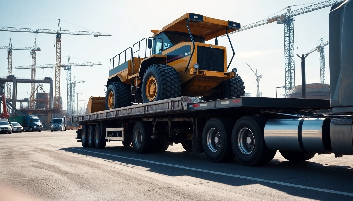 Loading heavy equipment transportation with a bulldozer on a flatbed truck.