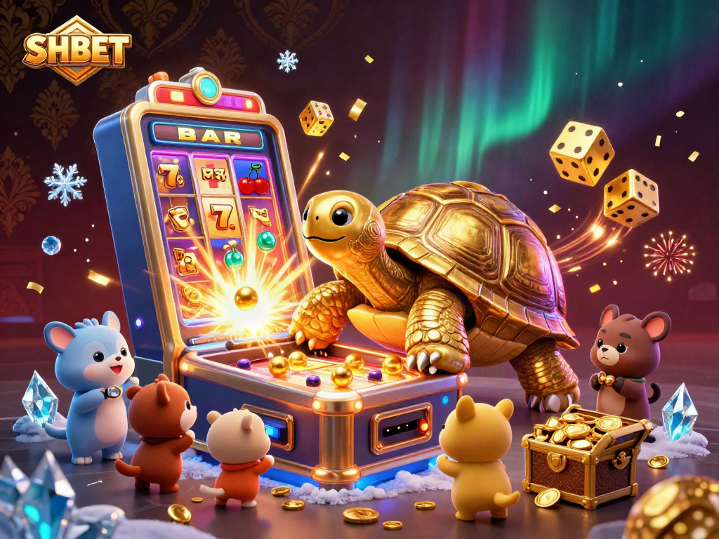 Engage with SHBET's exciting casino atmosphere featuring a vibrant tortoise pinball machine and jackpot elements.