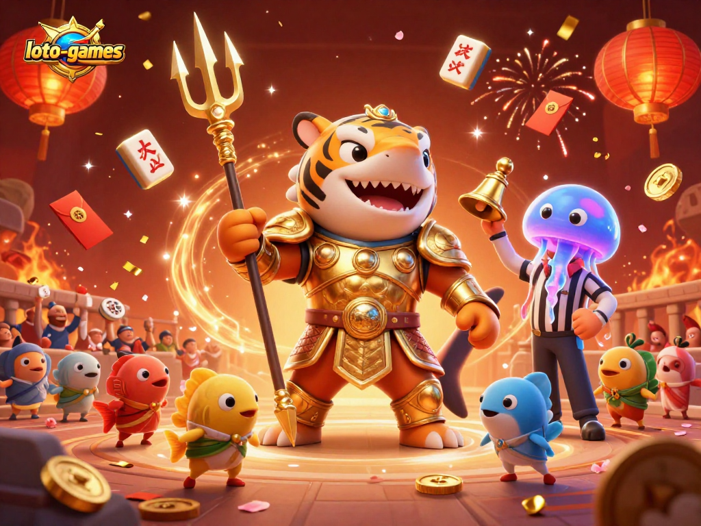 A lively loto-games scene depicting a gladiatorial tiger shark amongst floating gaming elements and festival decorations, enhancing the excitement of gambling.