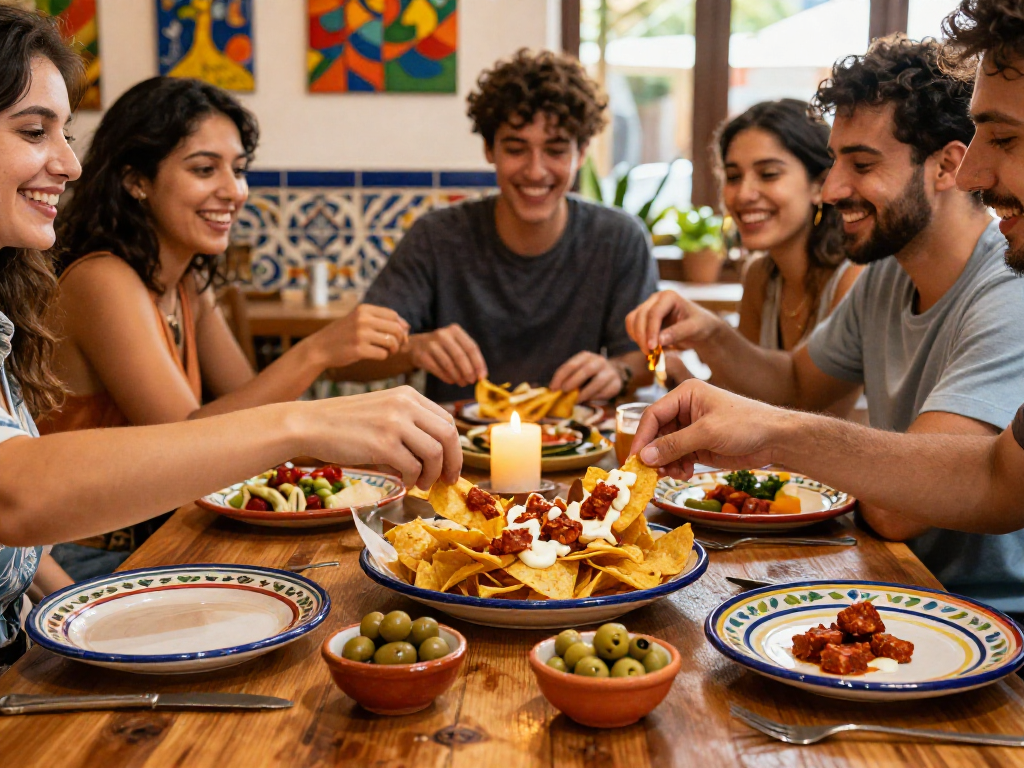 Best tapas tortilla chips con chorizo near me shared among friends in a lively dining atmosphere.