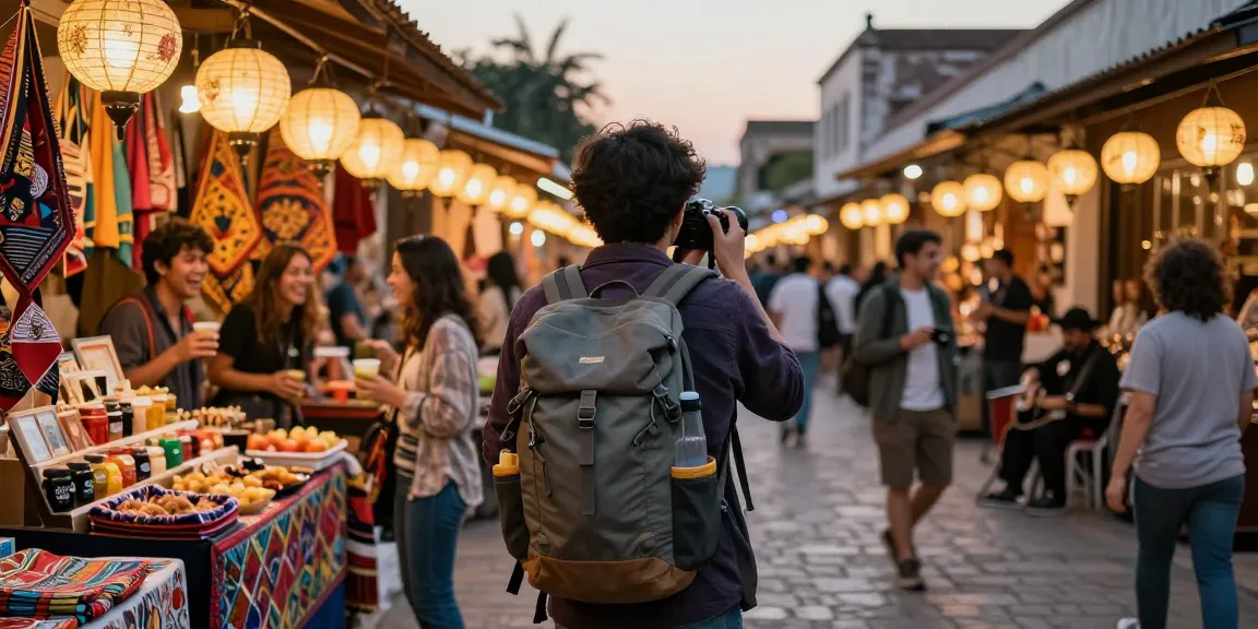 NAGA2000 traveler enjoying a vibrant cultural market experience during twilight.