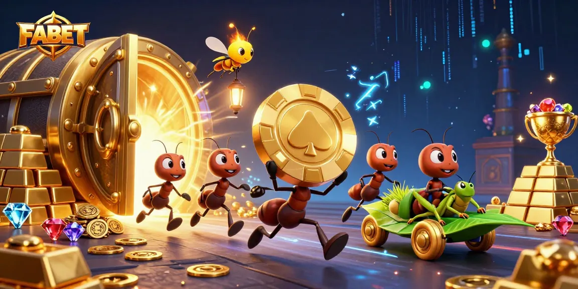 FABET heist scene with cartoon ants carrying golden poker chip amidst casino treasures.