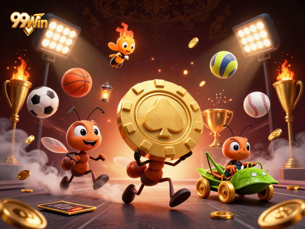 Experience thrilling gameplay at 99Win with ants heisting poker chips amidst vibrant casino elements.