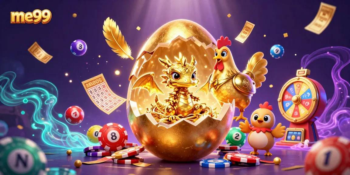 Spin to win at me99 with a golden baby dragon atop poker chips amidst vibrant casino elements.