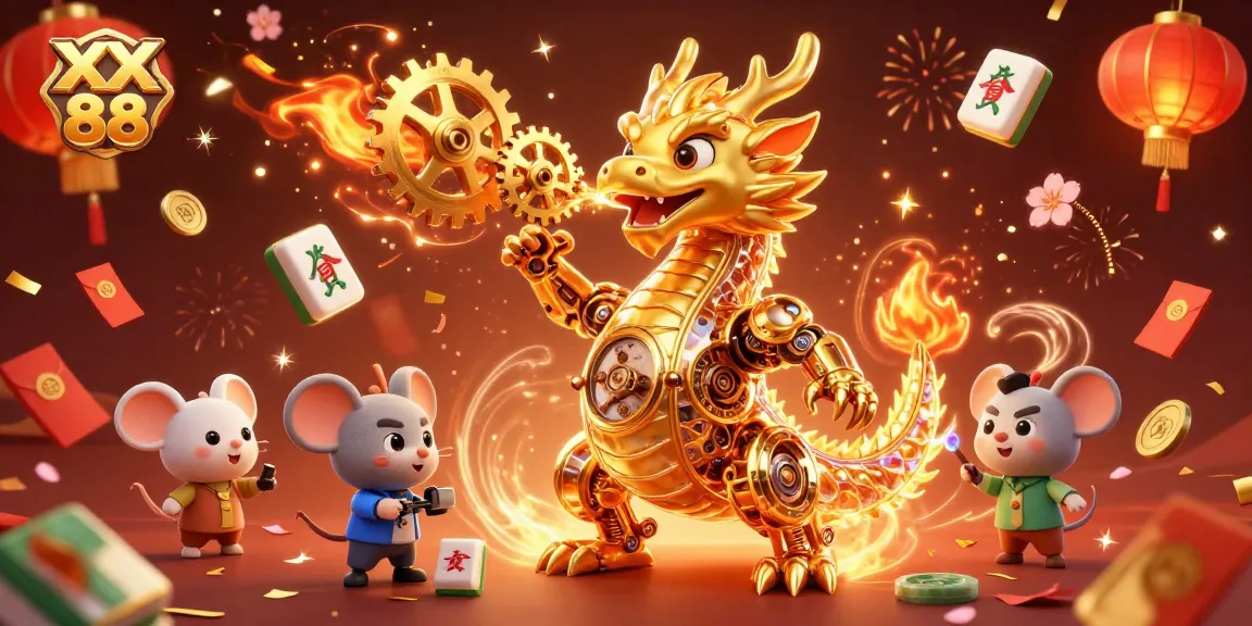 Experience the thrill of winning at XX 88 with a 3D dragon and festive elements in an exciting casino setting.