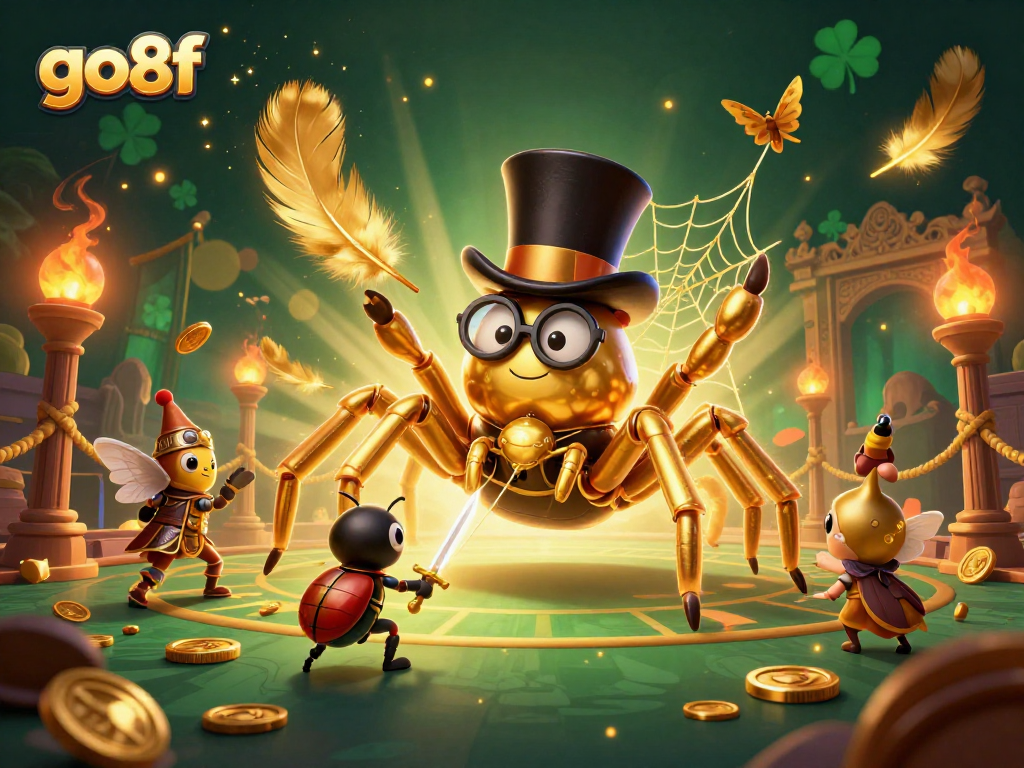 Experience thrilling adventures at go8f with a giant golden tarantula spinning golden webs in a vibrant casino