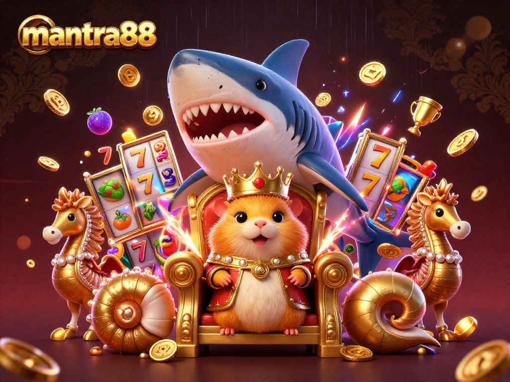Engage with mantra88 slots featuring a golden hamster king on a megalodon throne amidst vivid 3D casino action.
