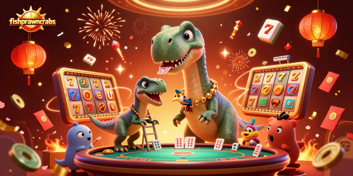Experience the excitement of fishprawncrabs as prehistoric characters interact with vibrant casino elements.