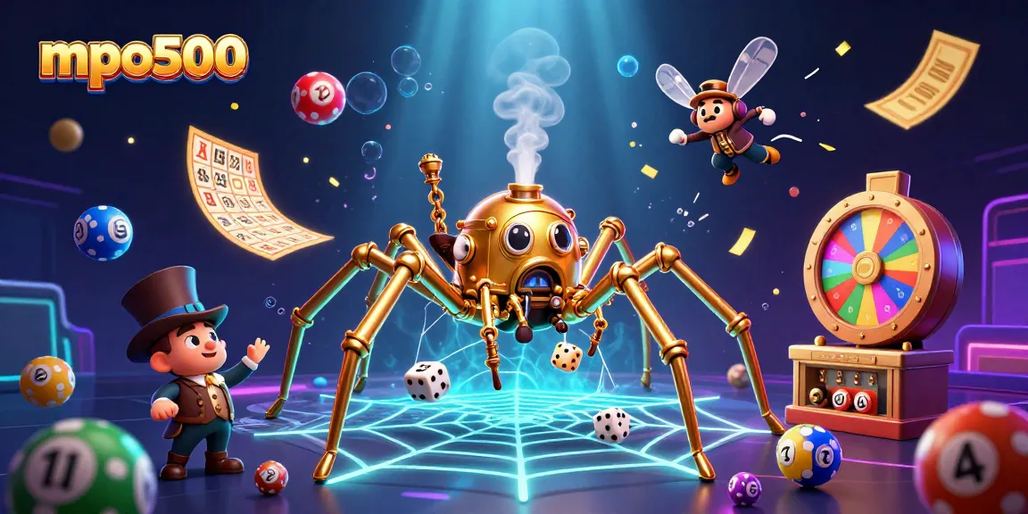 Engage with mpo500's dazzling web of chance featuring golden elements and vibrant lottery prizes.