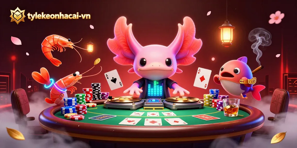 Engage in thrilling casino moments with tylekeonhacai-vn's neon axolotl DJ spinning records amidst dynamic poker action.